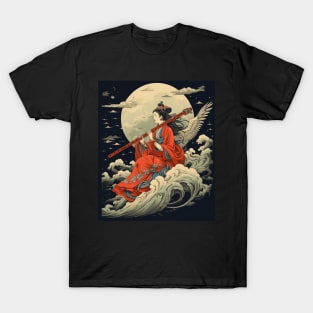 Japanese Retro Vintage Artwork Tengu Goddess Playing Flute T-Shirt